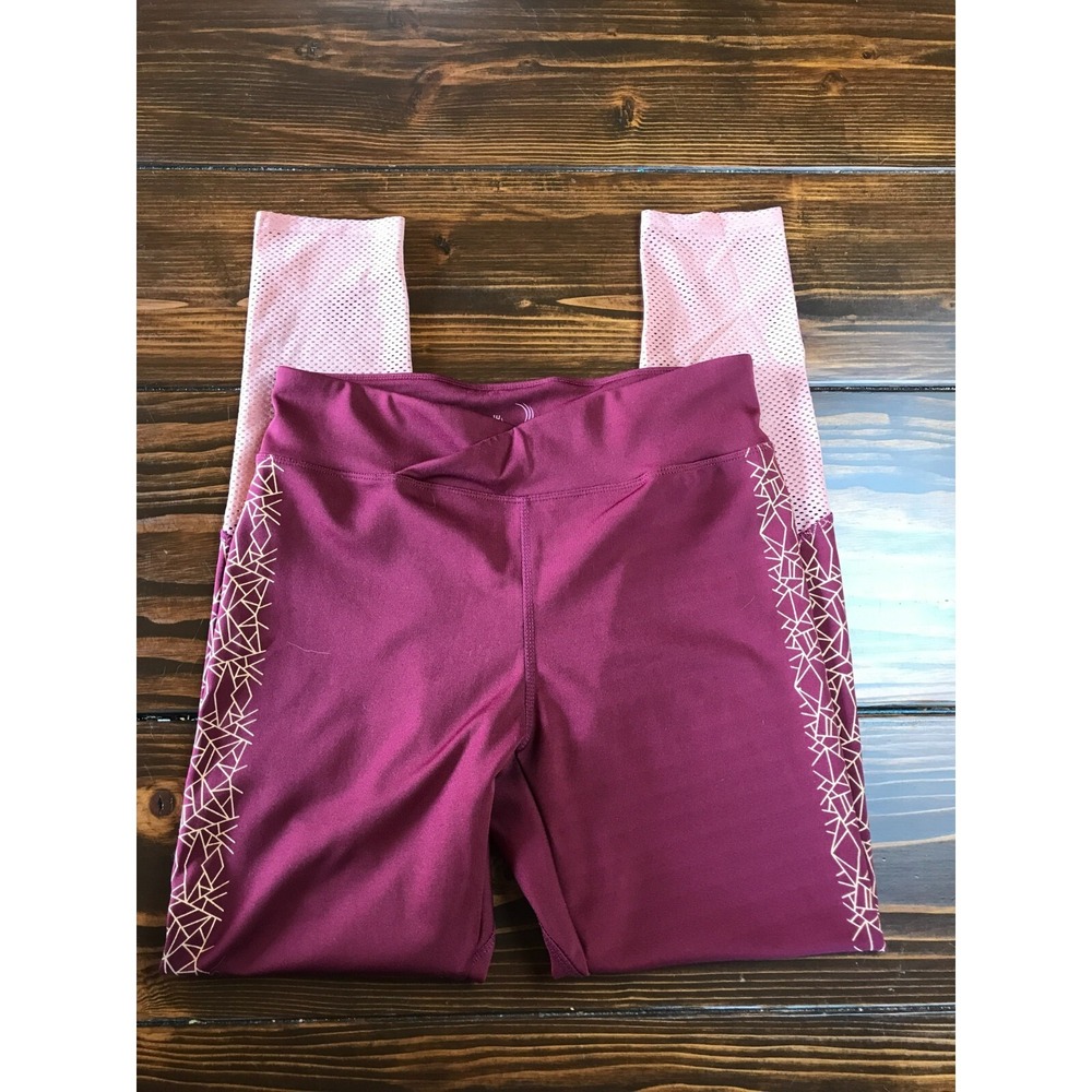 BSP Yoga Pants Women's Size L Burgundy Activewear Pink Mesh Vent Geo Print Side